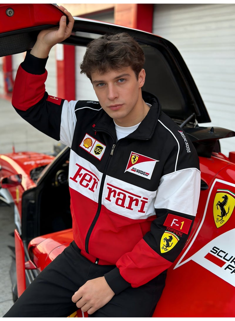 اف 1 جاكيت سباق فيراري × بوما للفورمولا 1 - شعارات الرعاة (شيل/يو بي إس)، تصميم بلونين أسود وأحمر، شعار مطرز، تصميم بسحاب كامل، معطف رياضي للجنسين - Image 5